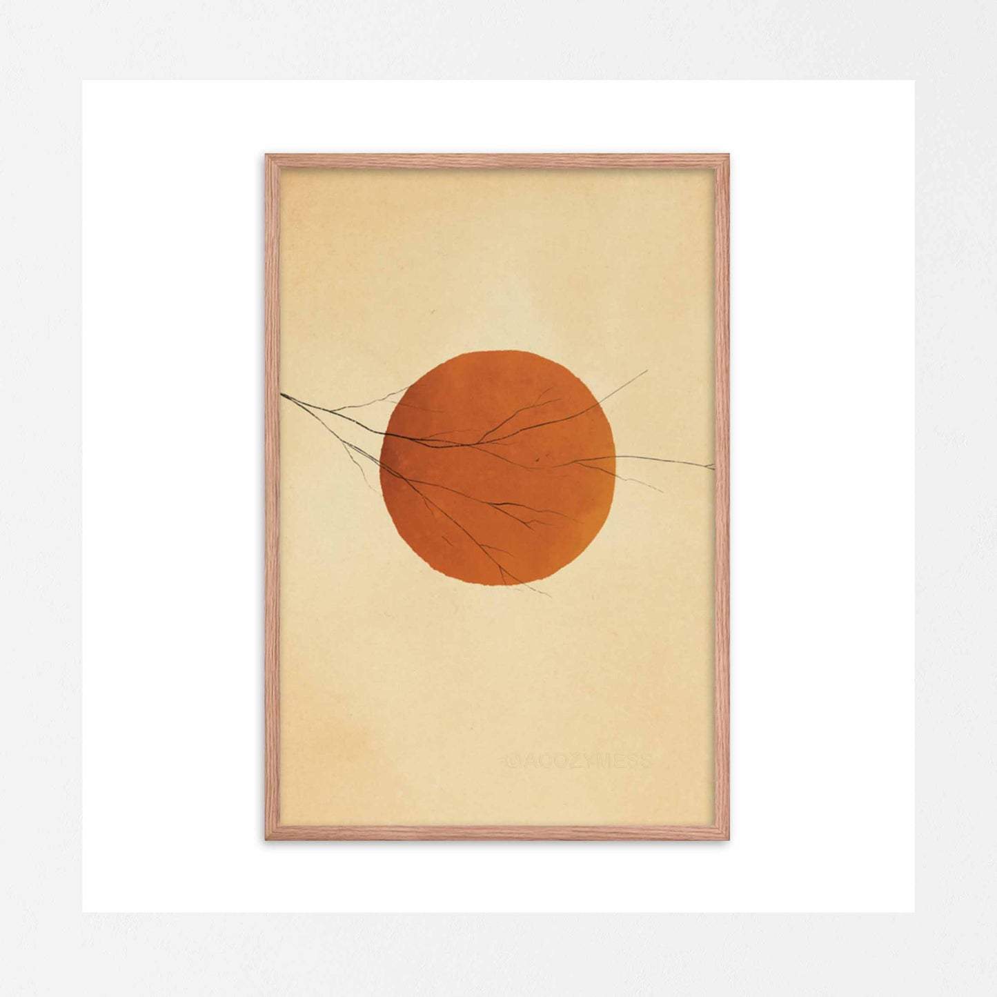 Bright Orange Sun with a tree branch peaceful wall art in oak frame