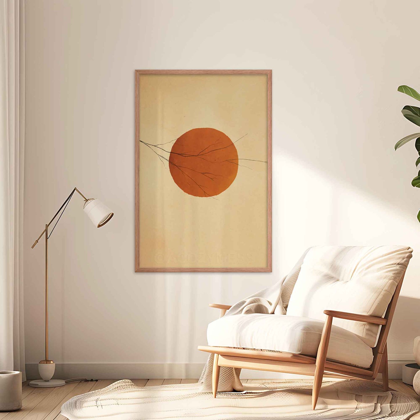 Minimalist sun Wall art Poster in oakwood frame