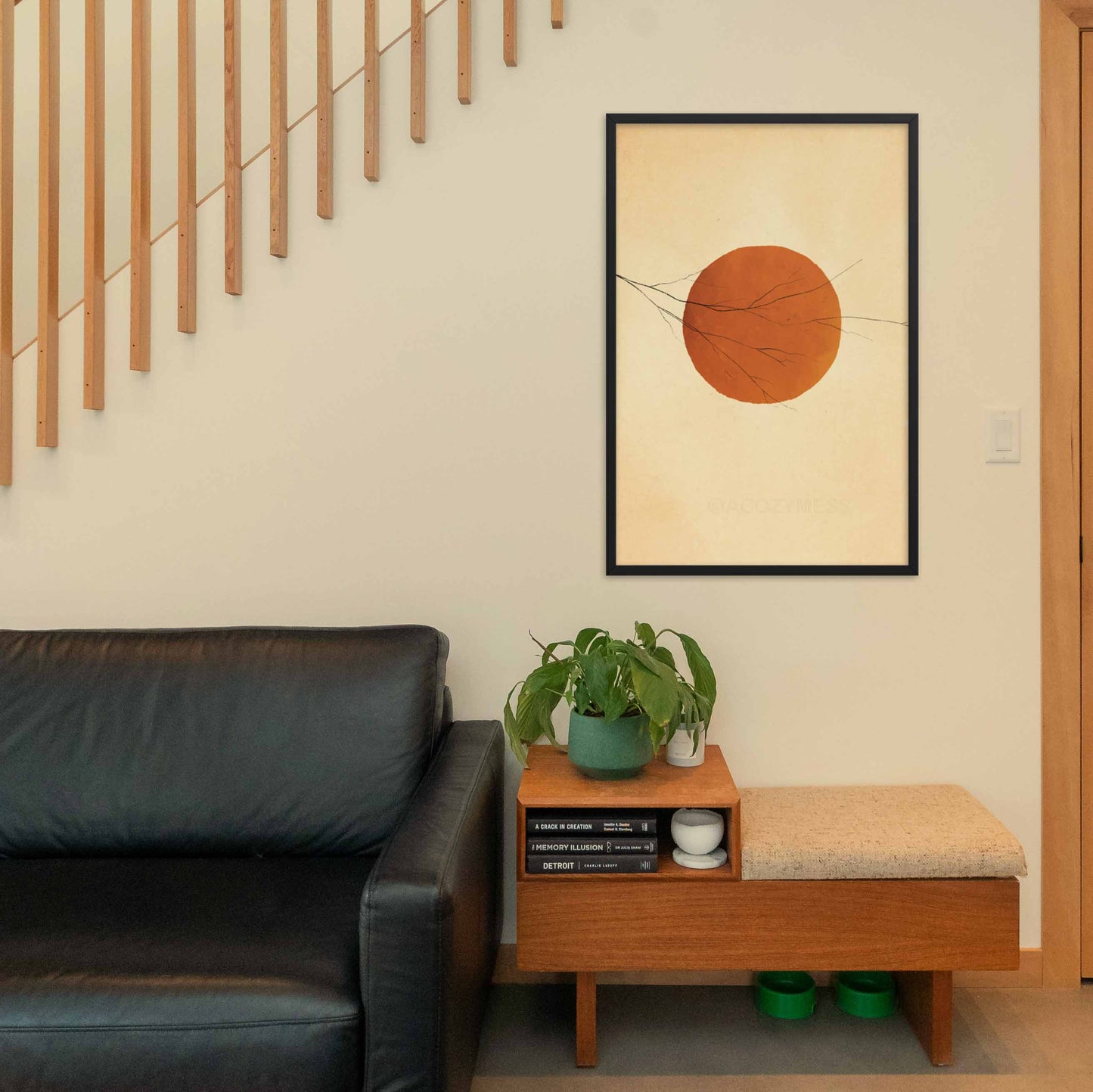 Bright Orange Sun with a tree branch serene wall art in black frame