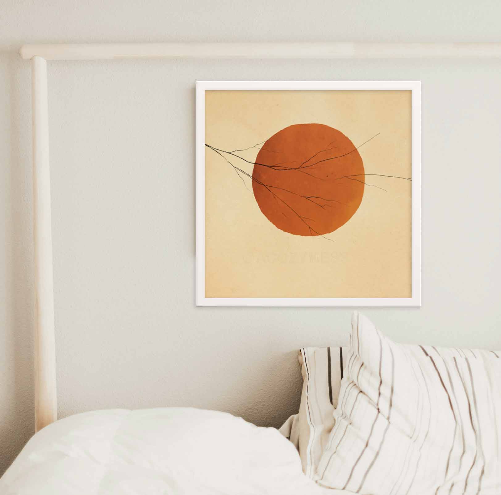 Bright Orange Sun with a tree branch serene square wall art in white frame 