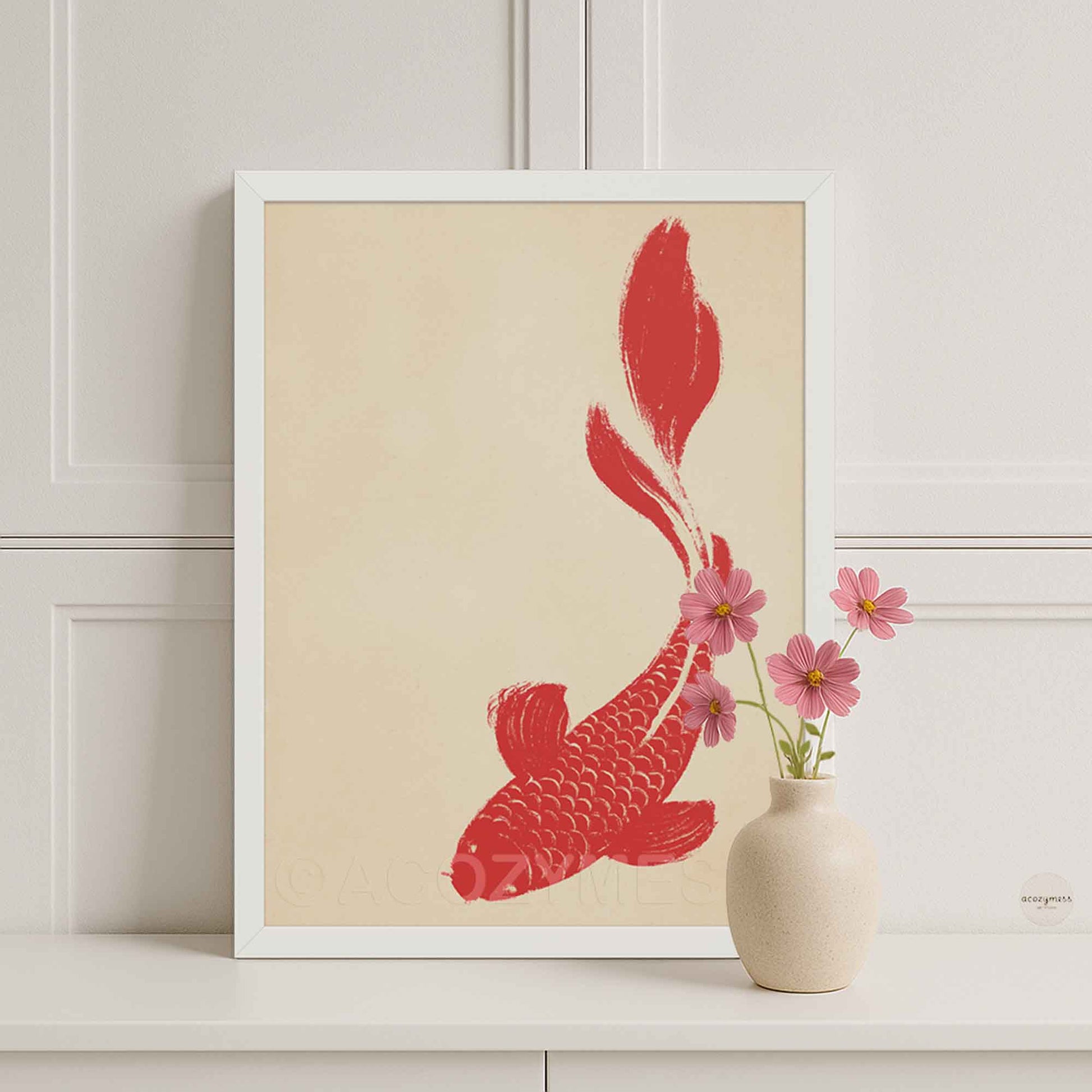 Minimalist red koi fish wall art with beige background displayed in a clean white frame for a light, airy aesthetic.
