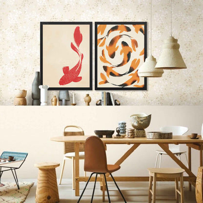  koi fish wall art prints on beige background shown in a sleek black frame for a bold, modern look.