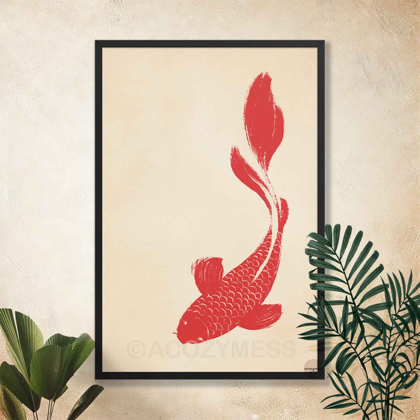 Red koi fish art print on beige background shown in a sleek black frame for a bold, modern look.