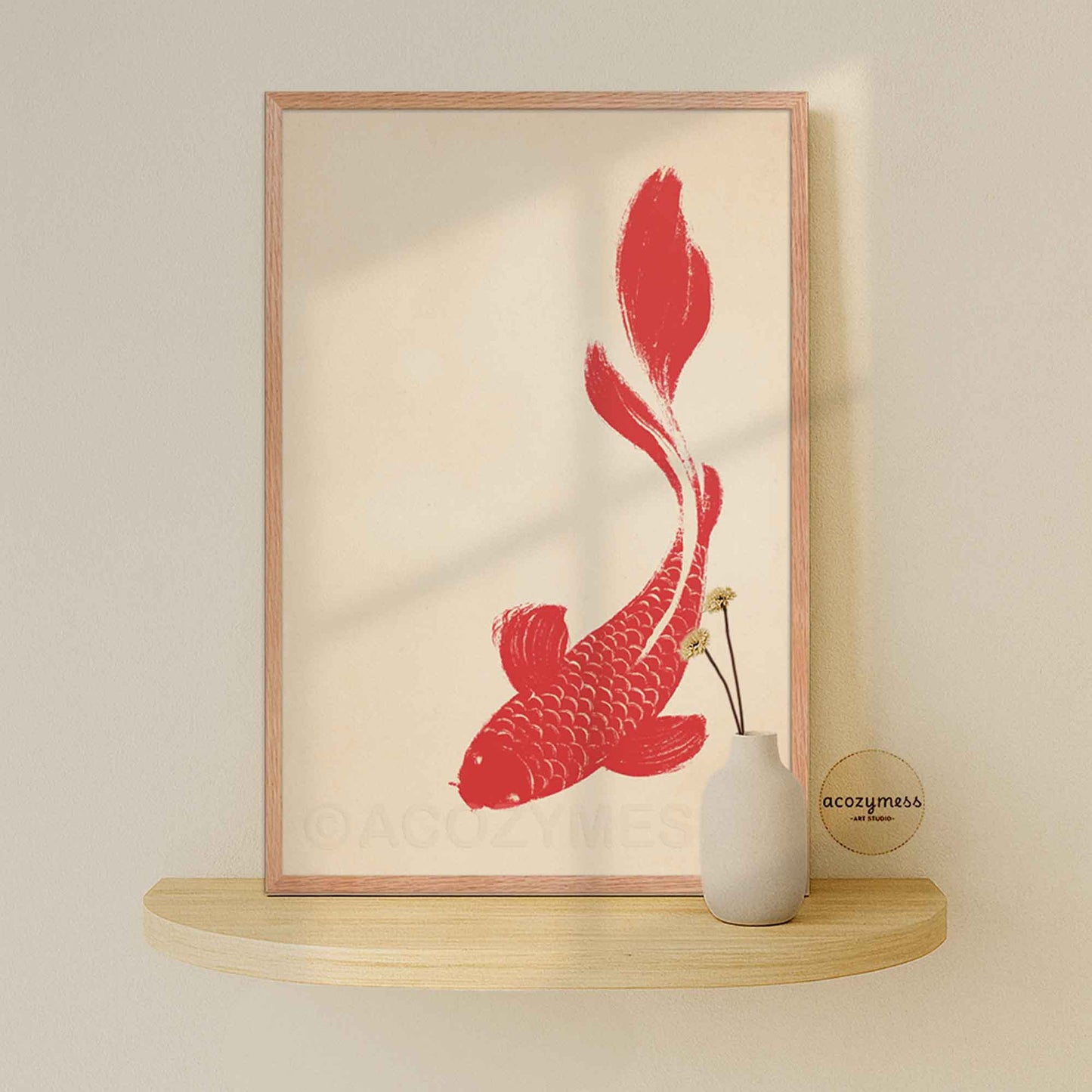 Red koi fish poster with beige background displayed in an oakwood frame, warm natural finish.