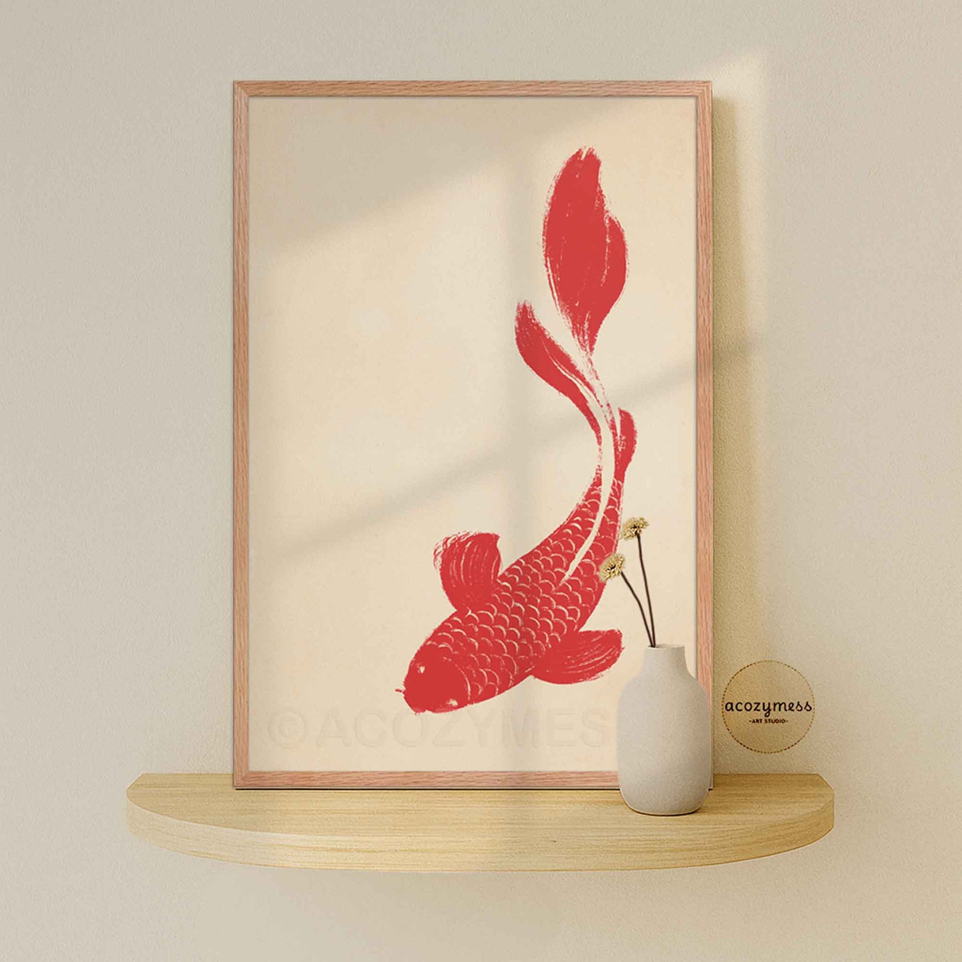 Red koi fish poster with beige background displayed in an oakwood frame, warm natural finish.