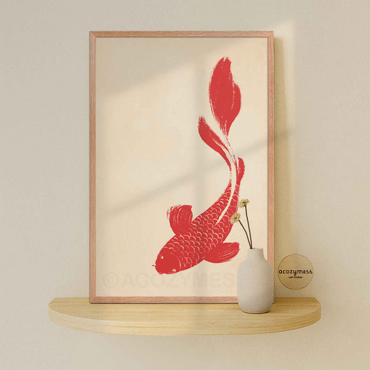 Red koi fish poster with beige background displayed in an oakwood frame, warm natural finish.