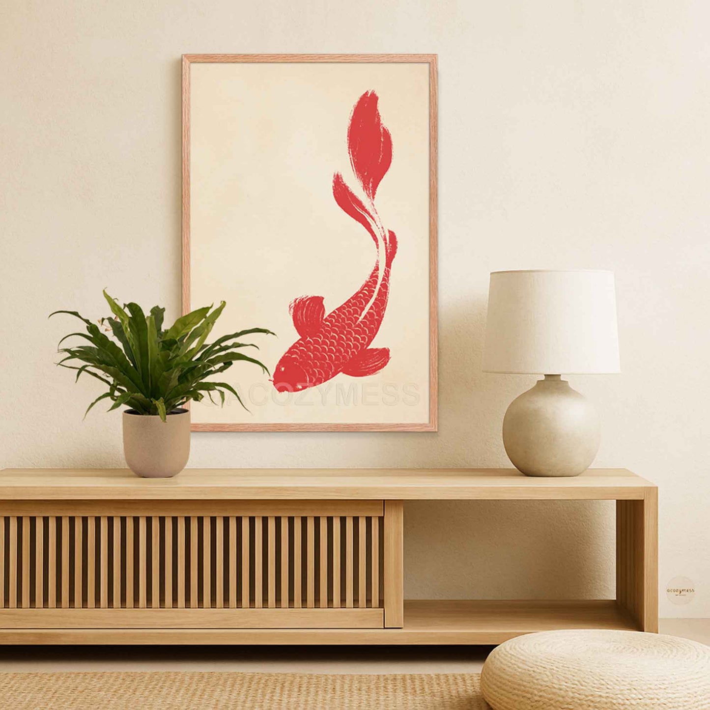 Red koi fish art print with beige background displayed in an oakwood frame, warm natural finish for Japanese style decor 