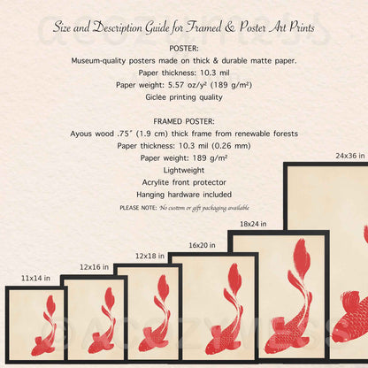 Poster size chart and product details for red koi fish art print on beige background, available framed or unframed.