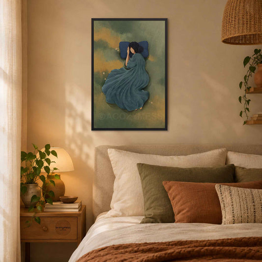 Contemporary black frame showcasing a  art print of a serene woman resting in an olive green meadow draped in a flowing blue gown, displayed in a cozy bohemian room setting.