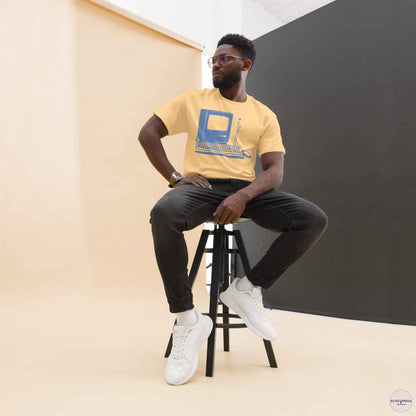 A man wearing retro computer tech tee blue on yellow haze  Tshirt