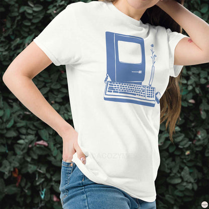 A woman wearing retro computer tech tee blue on white  Tshirt