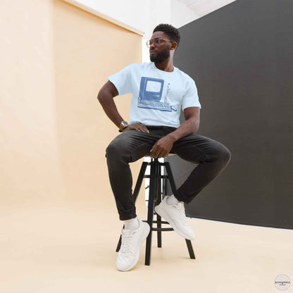 A man wearing retro computer tech tee blue on light blue  Tshirt