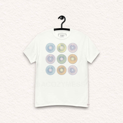 retro tech white tshirt with cd illustration in pastel colors