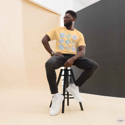 retro tech light yellow tshirt with cd illustration in pastel colors