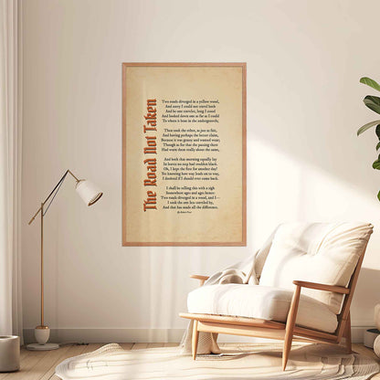 A vintage-style poem poster featuring Robert Frost’s iconic poem, The Road Not Taken printed on an aged, old-paper background, in oakwood frame.