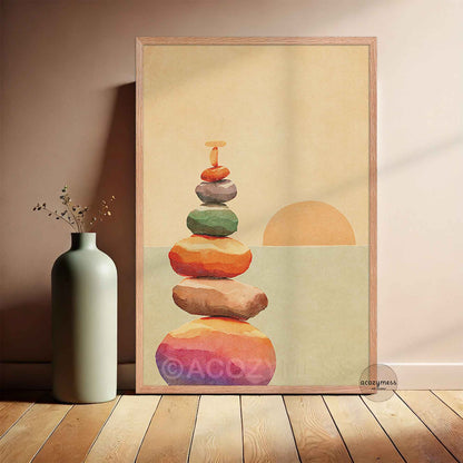 A framed art print leaning against a wall on a wooden floor, The print features a watercolor design of stacked colorful stones and a sun on a warm beige background, enclosed in a light wood frame.