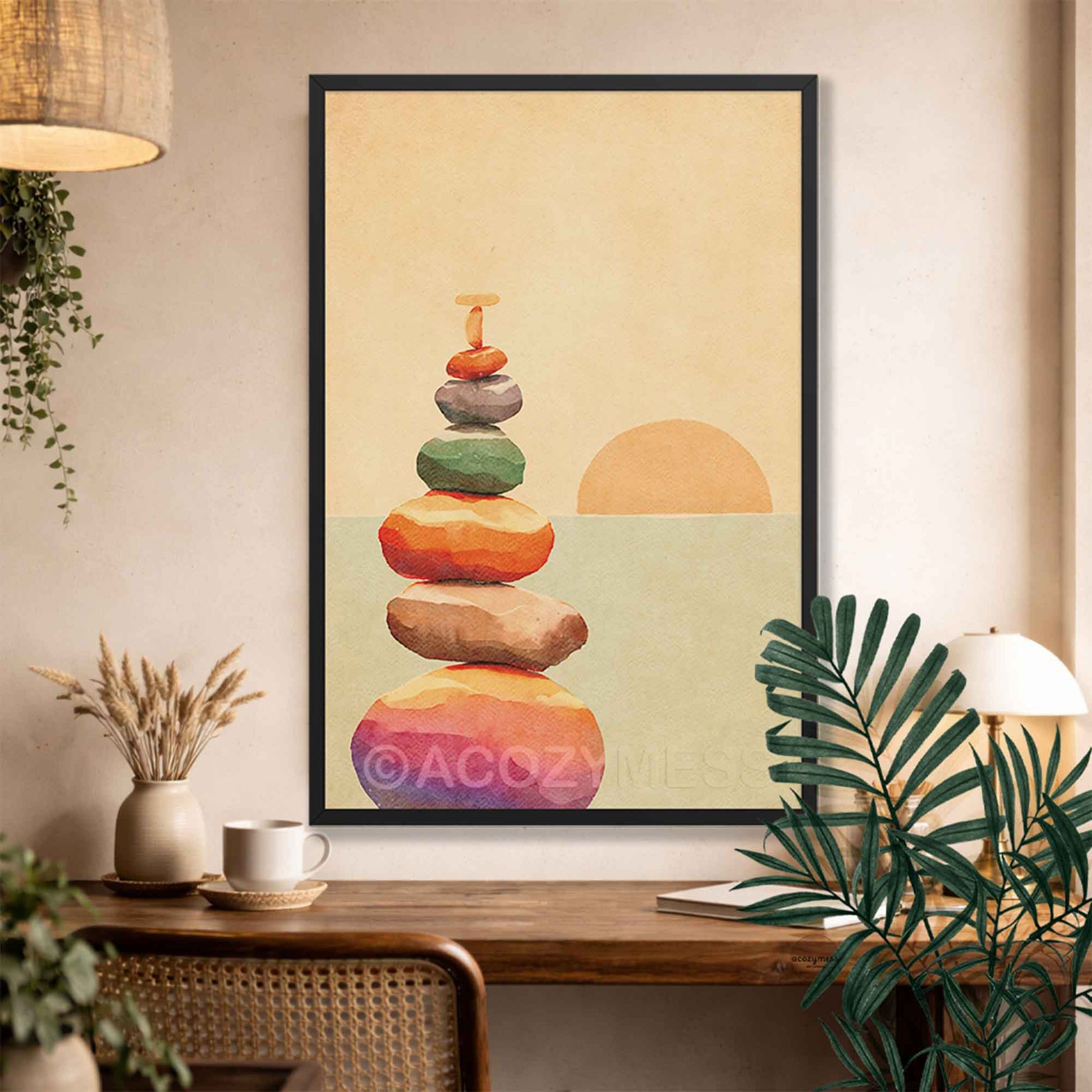 A black framed art print featuring a stack of colorful zen stones and a sun on a beige background, displayed on a wall above a wooden table in a styled room with plants and decor.
