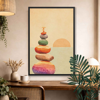 A black framed art print featuring a stack of colorful zen stones and a sun on a beige background, displayed on a wall above a wooden table in a styled room with plants and decor.