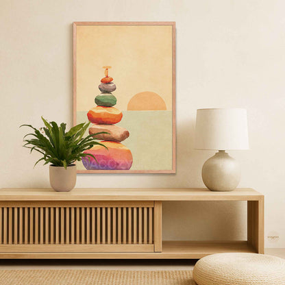 A framed art print featuring a colorful stack of balanced stones against a soft beige and green background, displayed on a light wood console table in a minimalist room setting with a potted plant and a table lamp.