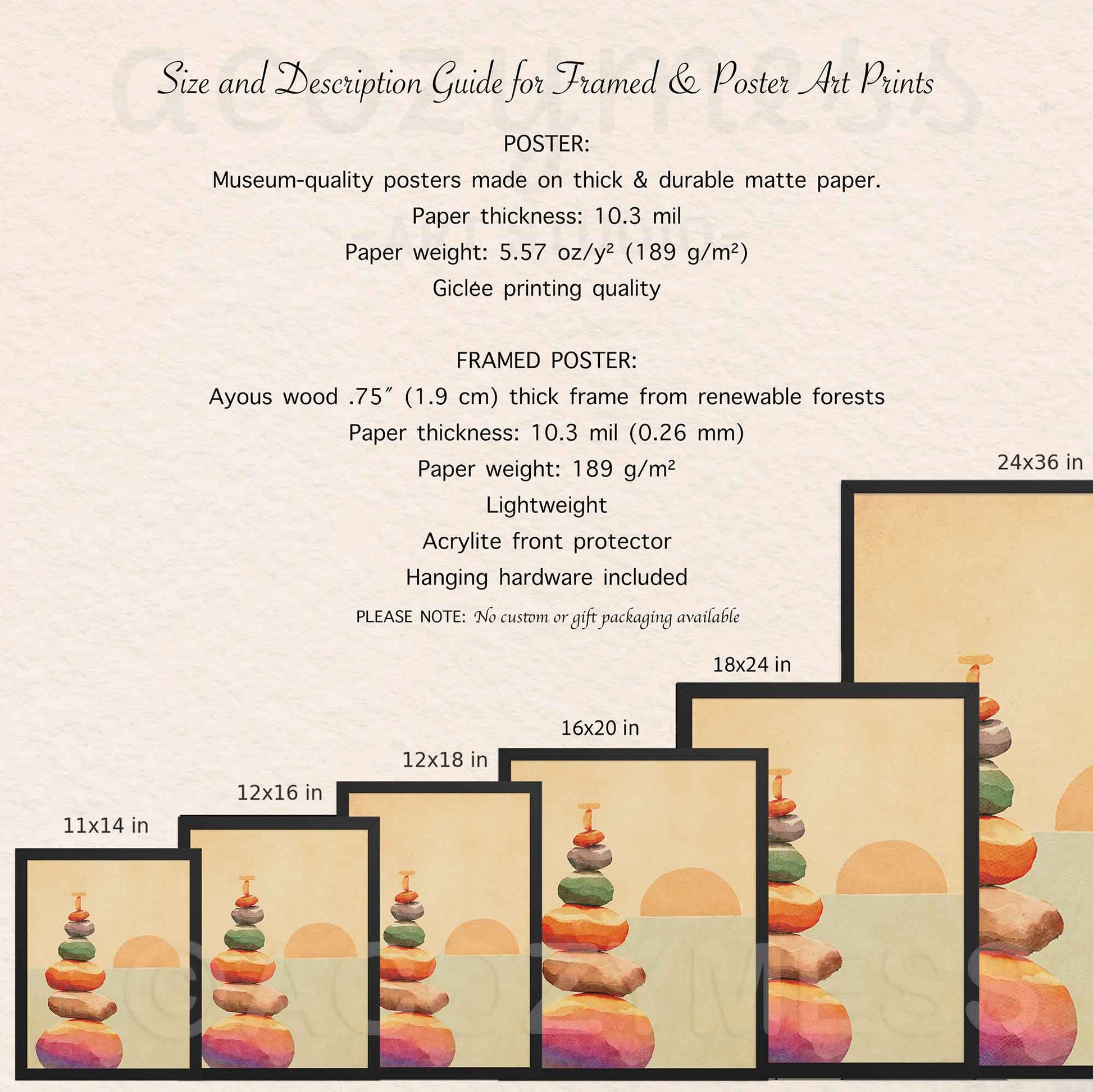 A size and description guide for framed and poster art prints on a warm beige textured background. The guide lists specifications for posters and framed posters and includes a row of sample art prints with different sizes labeled 11x14 in, 12x16 in, 12x18 in, 16x20 in, 18x24 in, and 24x36 in.