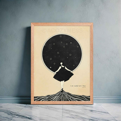 Virginia Woolf Quote Poster- I am rooted but I flow, with black and beige illustration, displayed in oakwood frame.