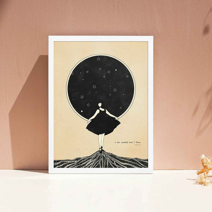 Virginia Woolf Quote - I am rooted but I flow, with black and beige illustration, displayed in white frame.