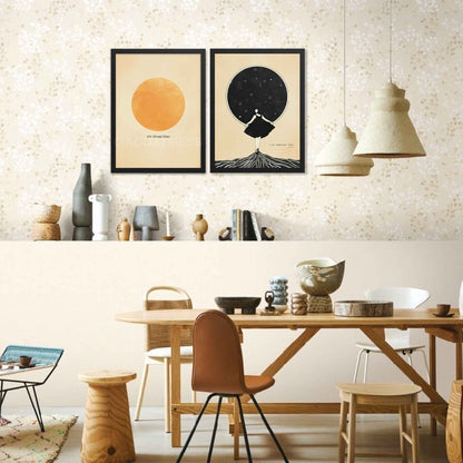 Virginia Woolf Quote Poster- I am rooted but I flow, with black and beige illustration, displayed in black frame.