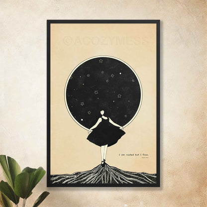 Virginia Woolf Quote - I am rooted but I flow, with black and beige illustration, displayed in black frame.