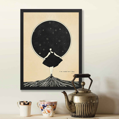 Literary Poster of Virginia Woolf Quote - I am rooted but I flow, with black and beige illustration, displayed in black frame.