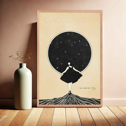 Virginia Woolf Quote - I am rooted but I flow, with black and beige illustration, displayed in oakwood frame.
