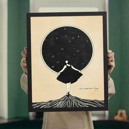 Literary wall art  of Virginia Woolf Quote - I am rooted but I flow, with black and beige illustration, displayed in black frame.