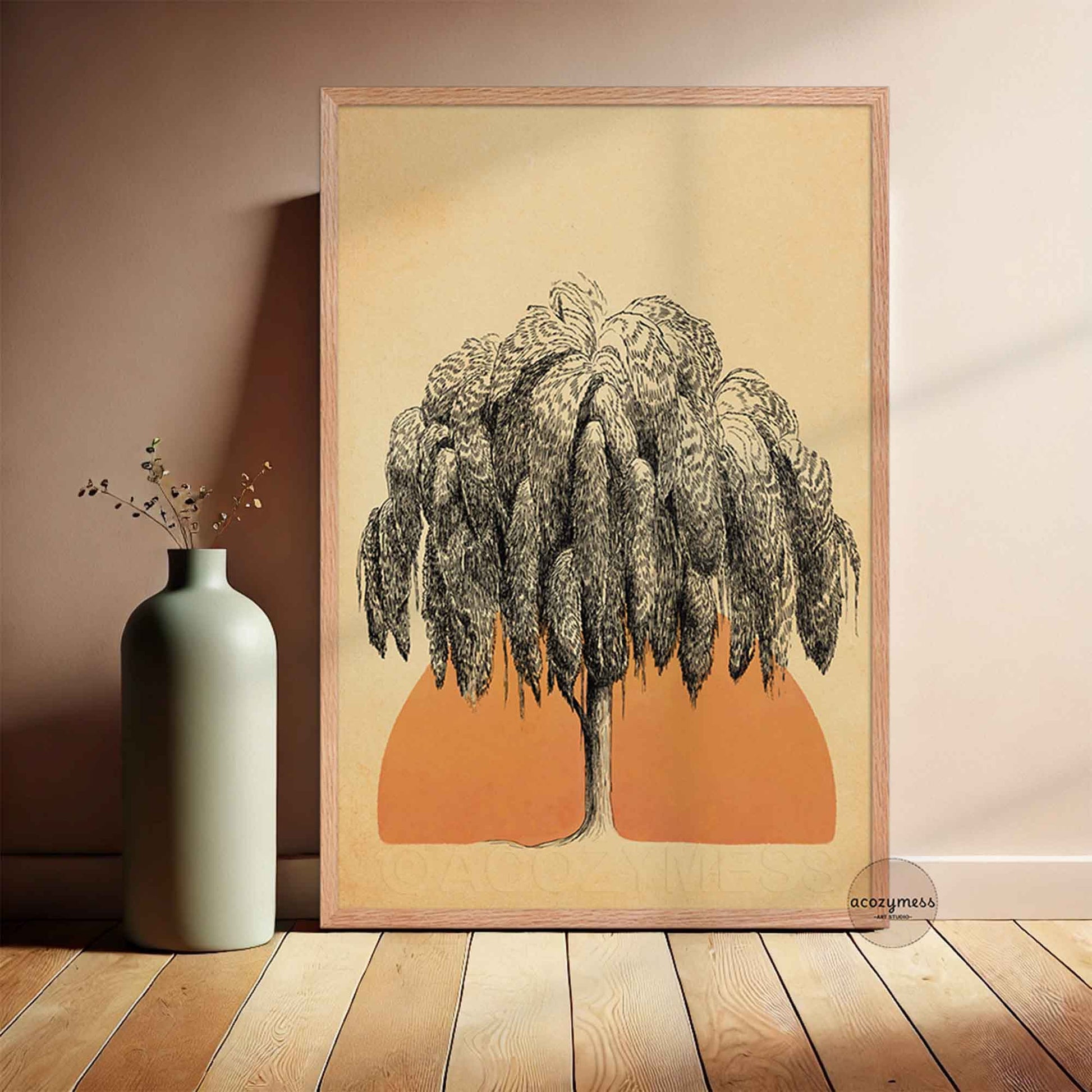 Framed artwork of a tree with an orange sun on a beige old paper background