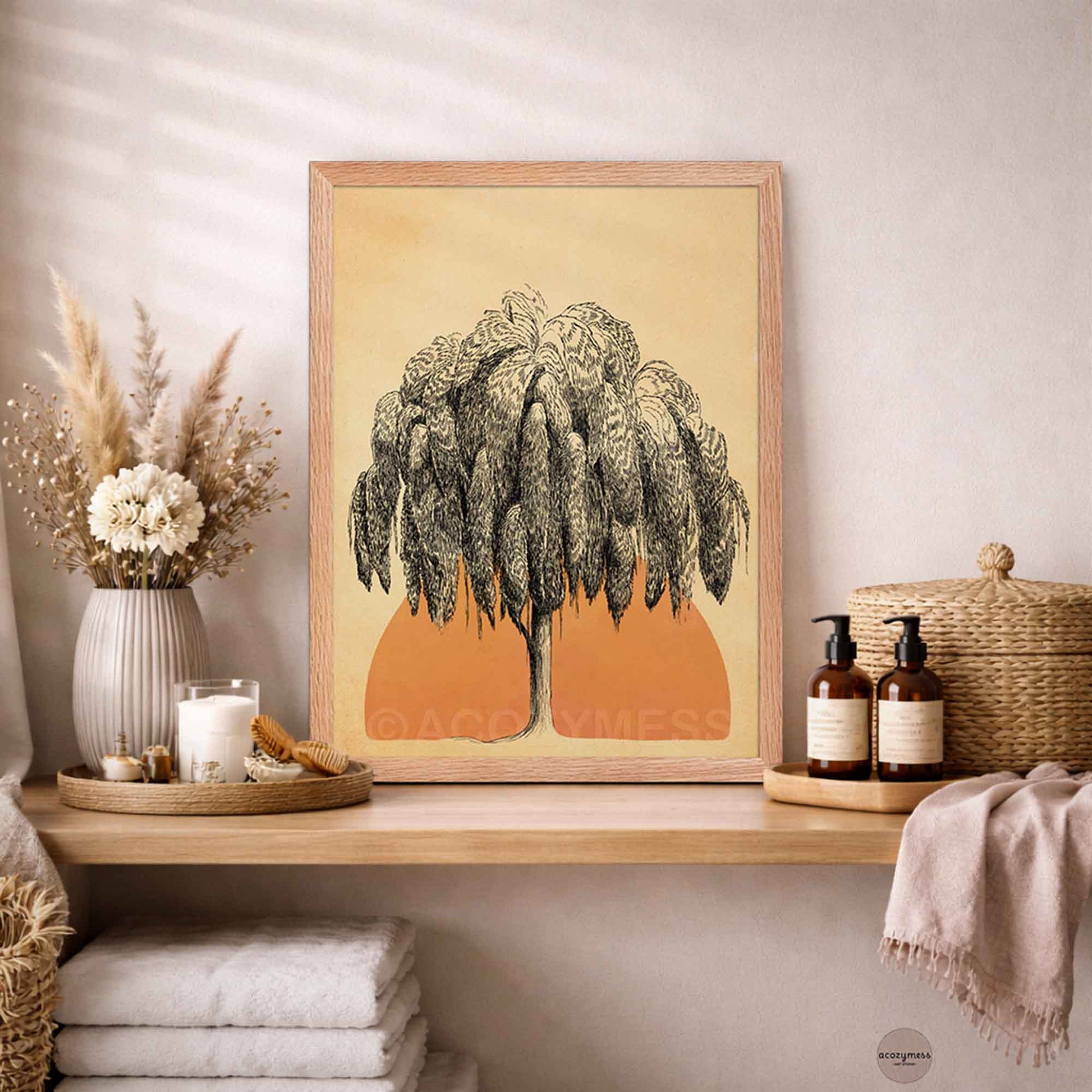 Oakwood Framed artwork of a tree and sun on beige background 