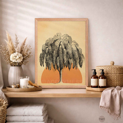 Oakwood Framed artwork of a tree and sun on beige background 