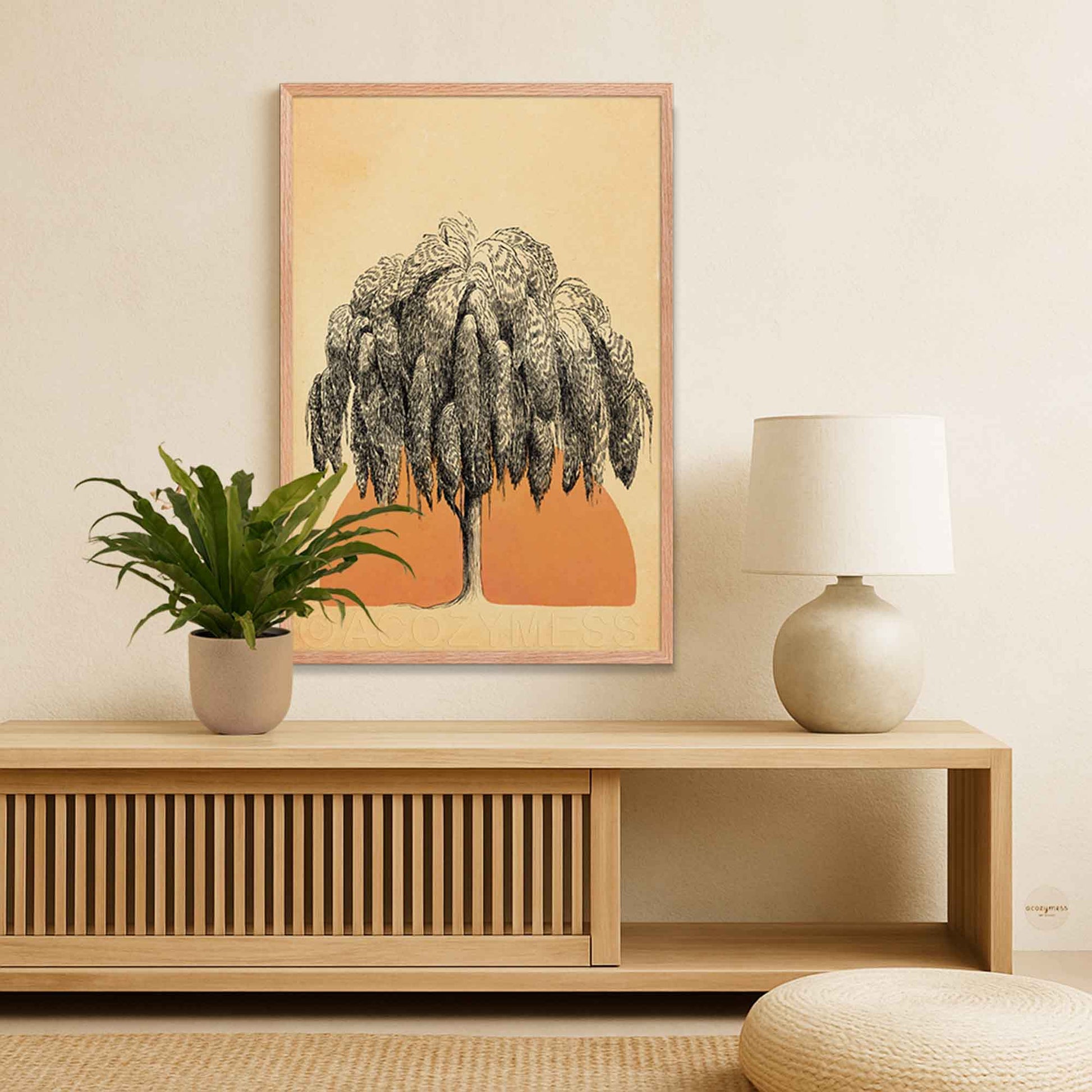 Minimalsi and zen inspired wall art of a sun and a tree, in oakwood frame.