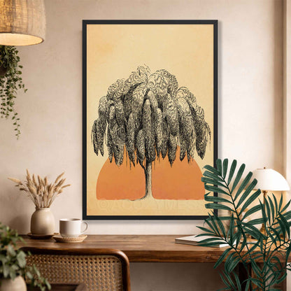 Black Framed artwork of a tree on a wall with a wooden desk and plants below.