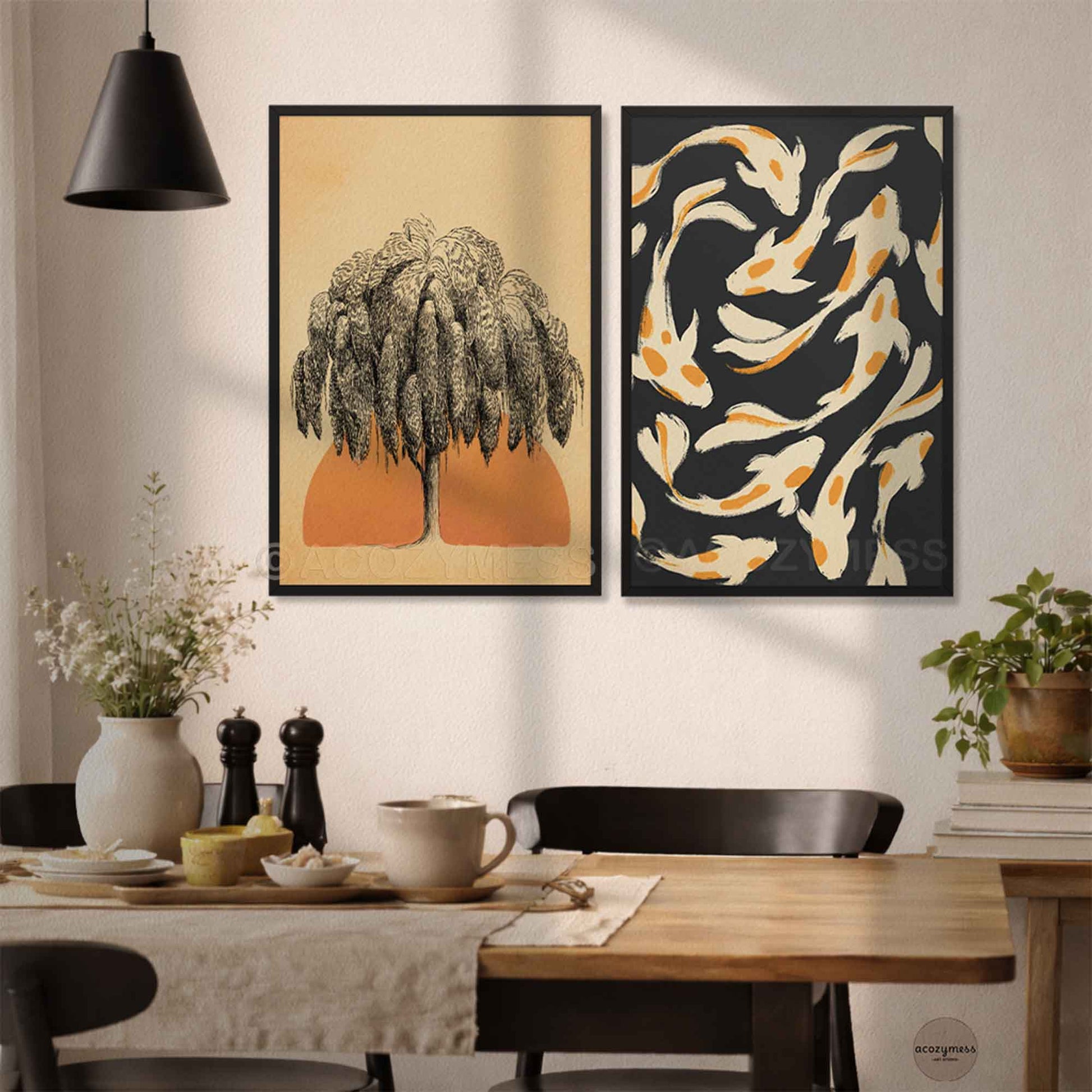 Dining room with two zen inspired sun and koi fishes framed artworks on the wall above a table.