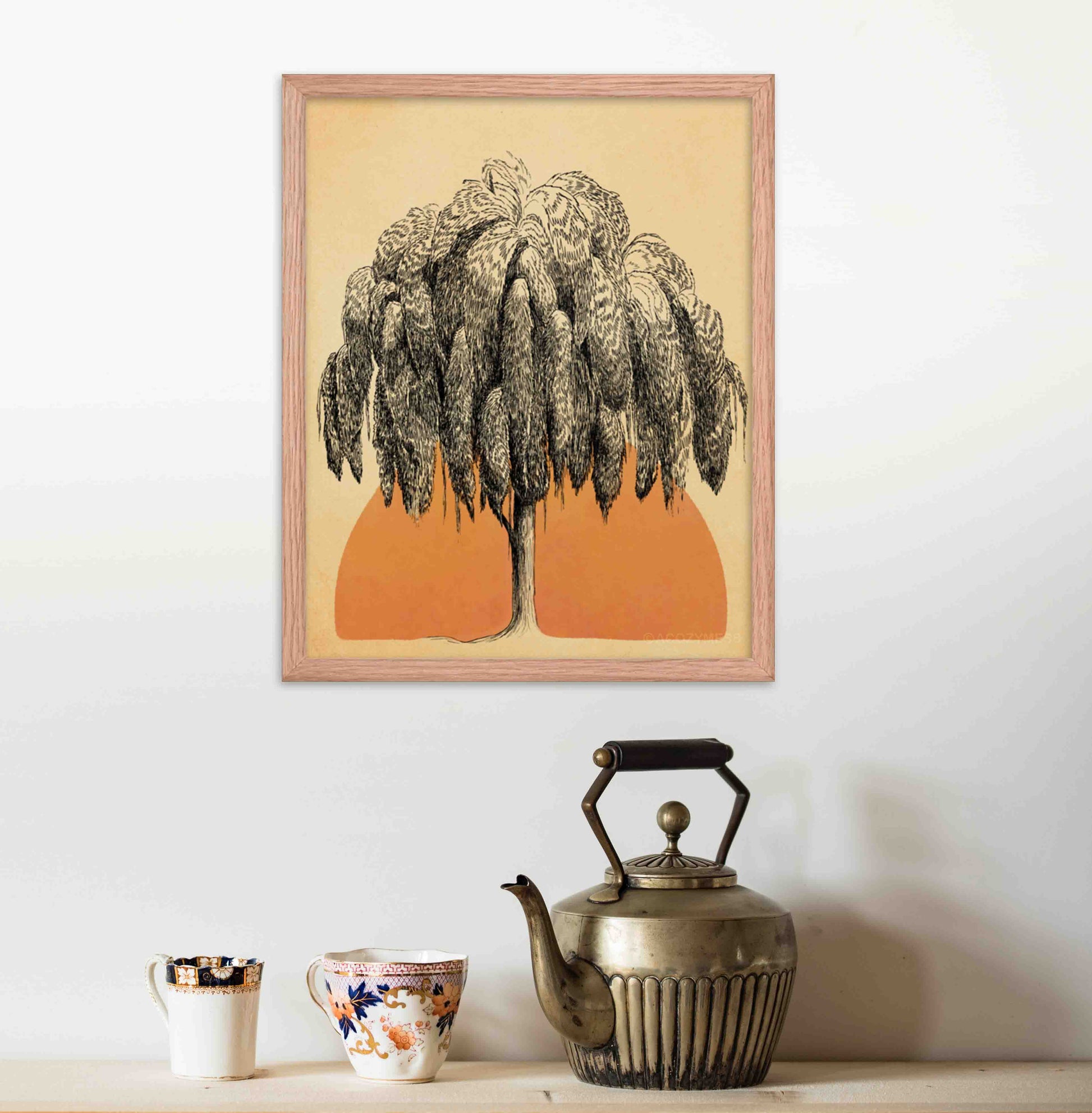 Rising sun with tree ink sketch in black on warm beige background framed in oakwood