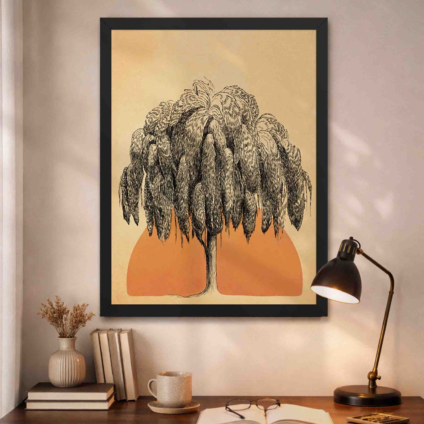 Black-framed sun and tree wall art, minimalist tree illustration with terracotta sun on a warm beige background.