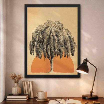 Black-framed sun and tree wall art, minimalist tree illustration with terracotta sun on a warm beige background.