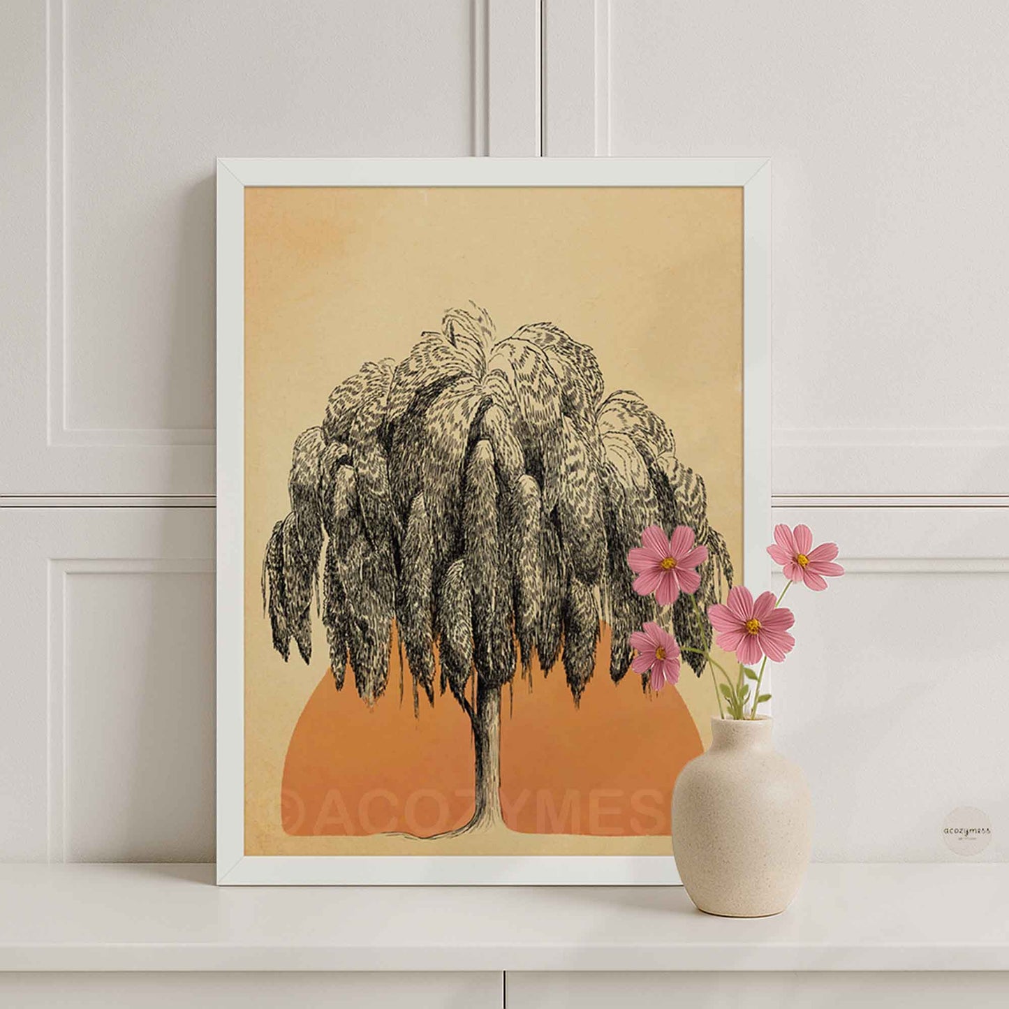 Contemporary sun and tree poster in white frame—tree illustration with terracotta sun shape on neutral beige.