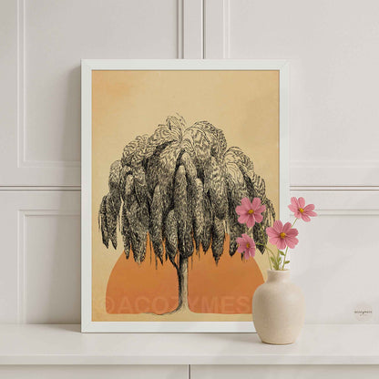 Contemporary sun and tree poster in white frame—tree illustration with terracotta sun shape on neutral beige.