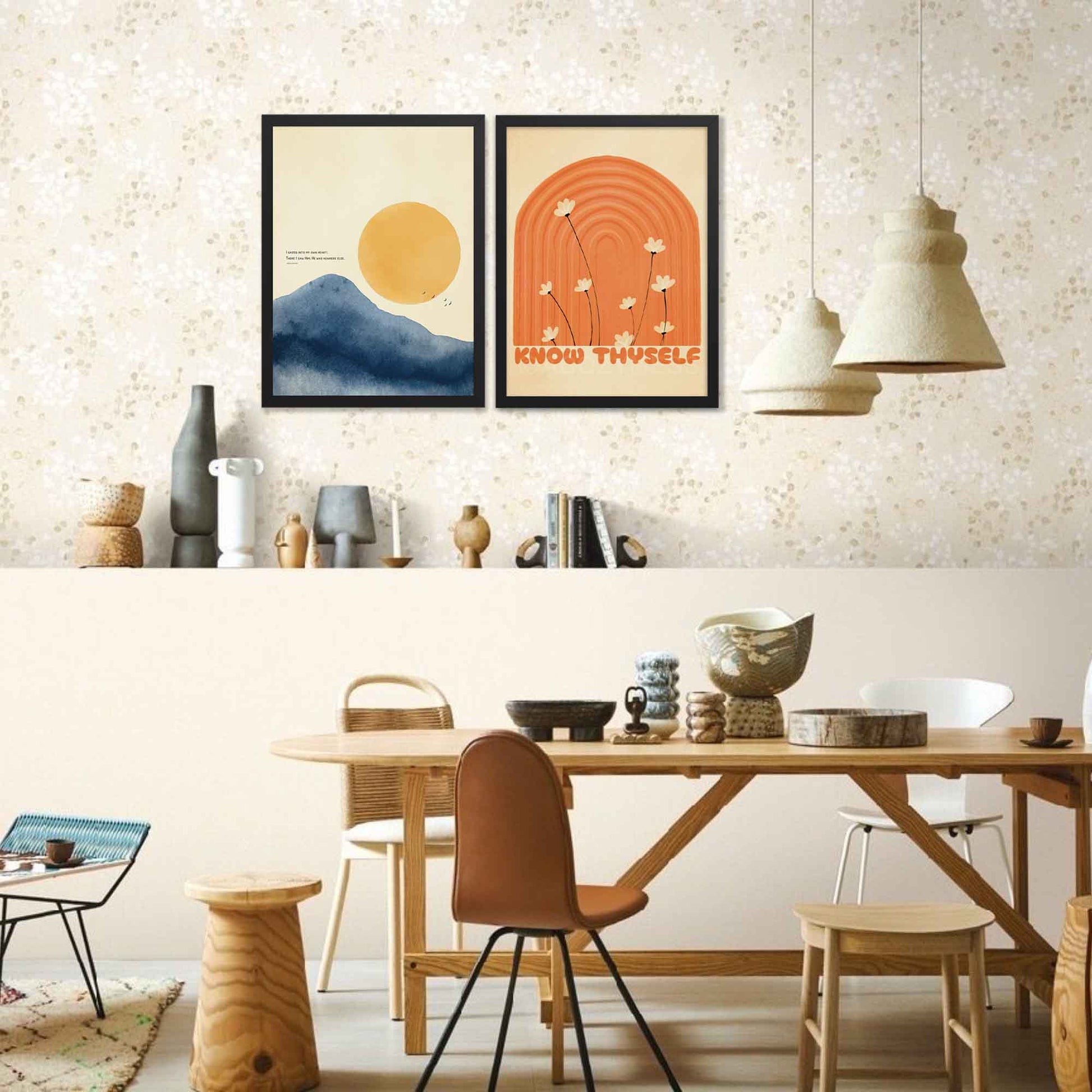 Rumi quote with sun and mountain art poster, displayed in black frame on a wall