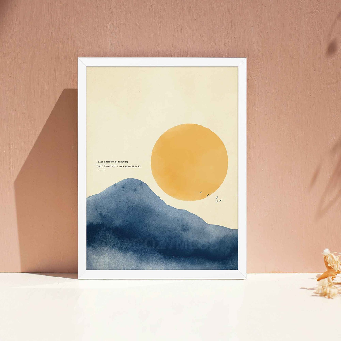 Rumi quote with sun and mountain art poster, displayed in white frame