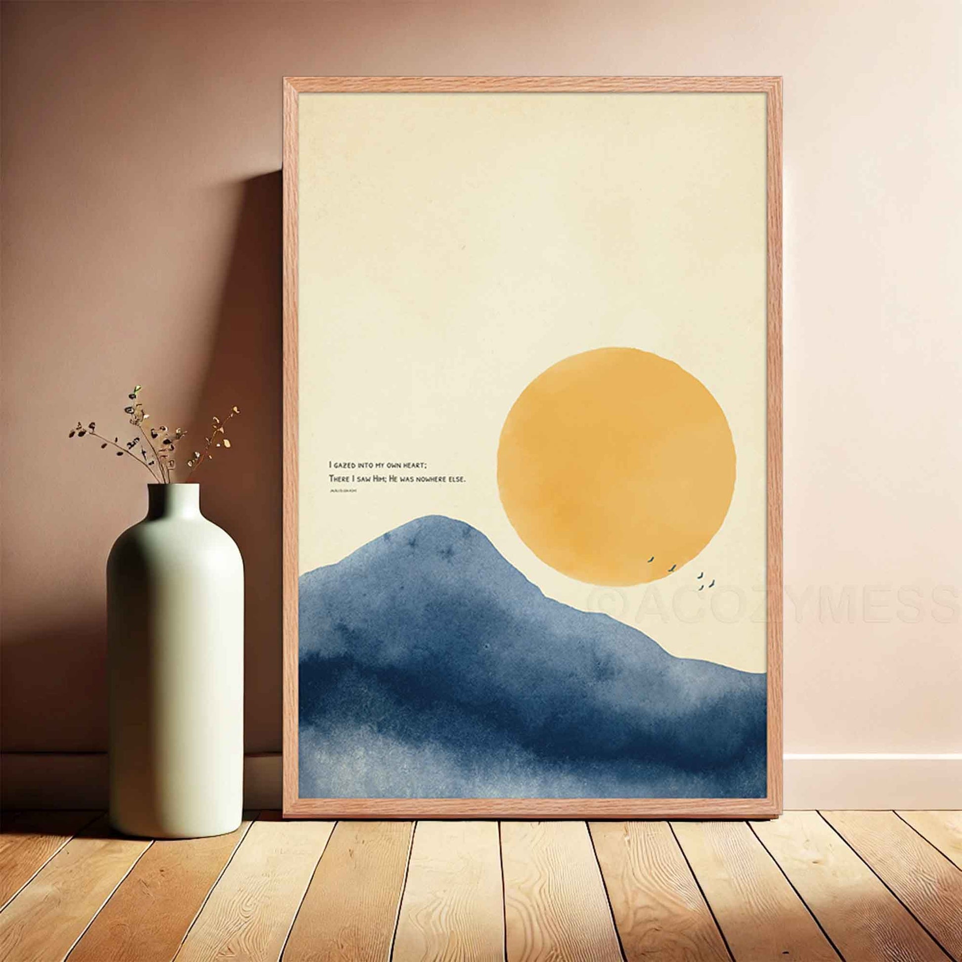 Rumi quote with sun and mountain art poster, displayed in oakwood frame