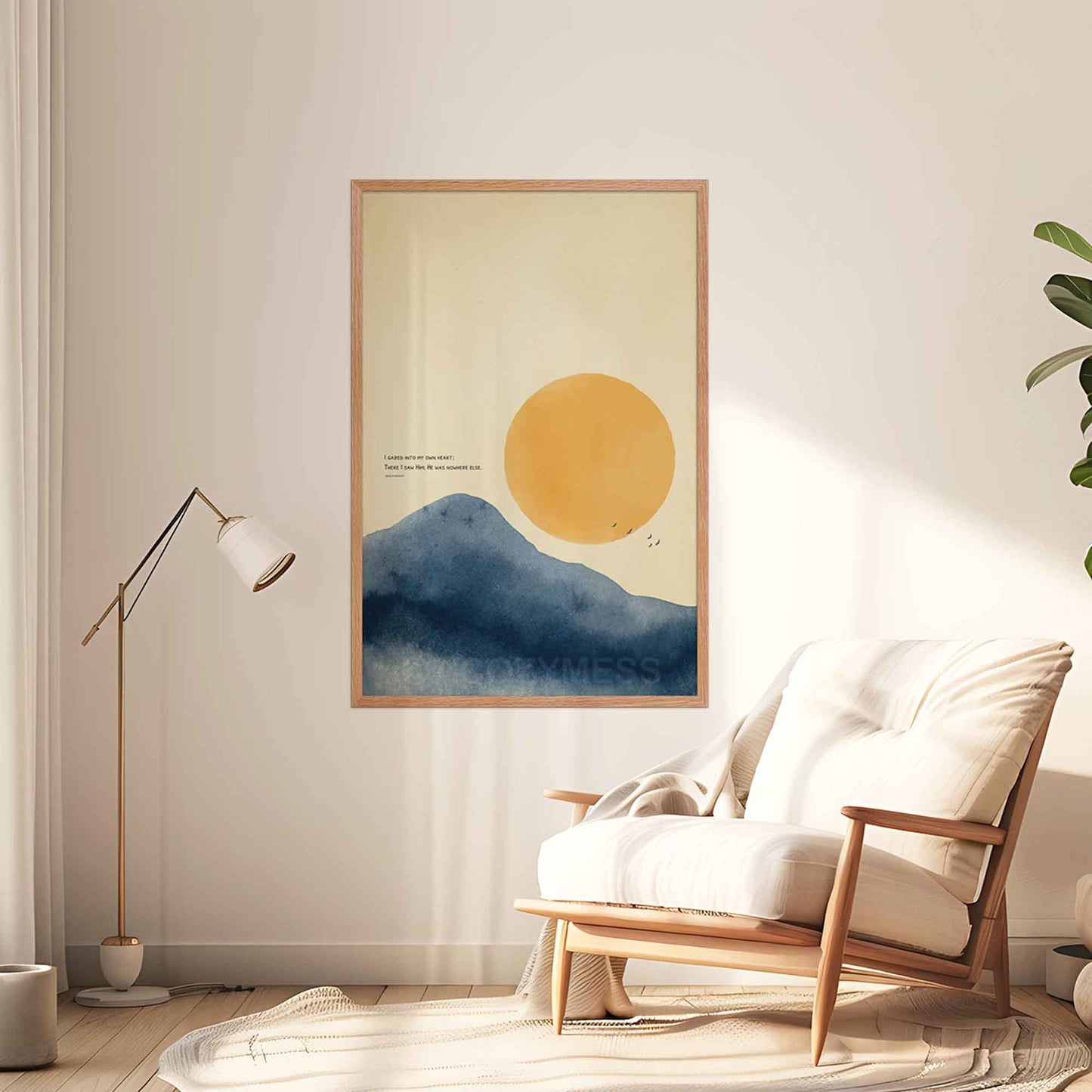 Rumi quote poster with sun and mountain art, displayed in oakwood frame on a living room wall