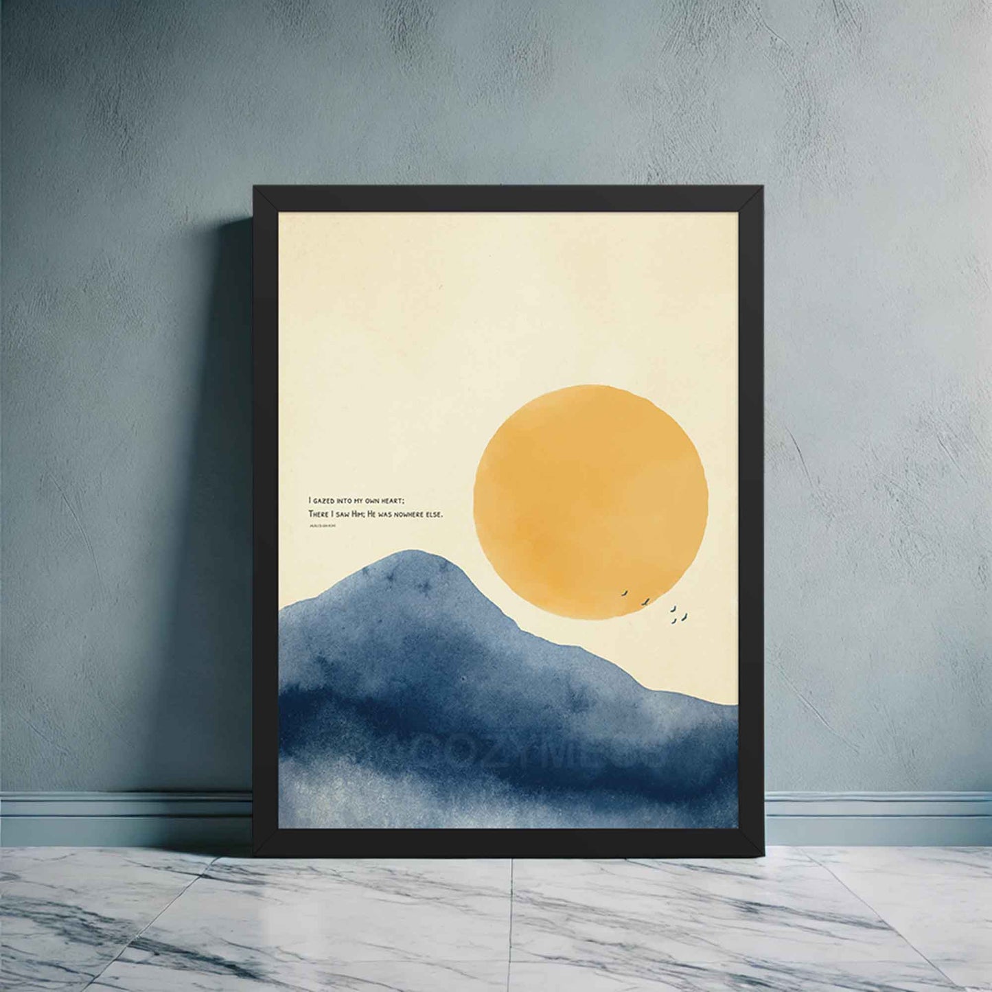 Rumi quote poster with sun and mountain art in yellow, beige and blue, displayed in black frame