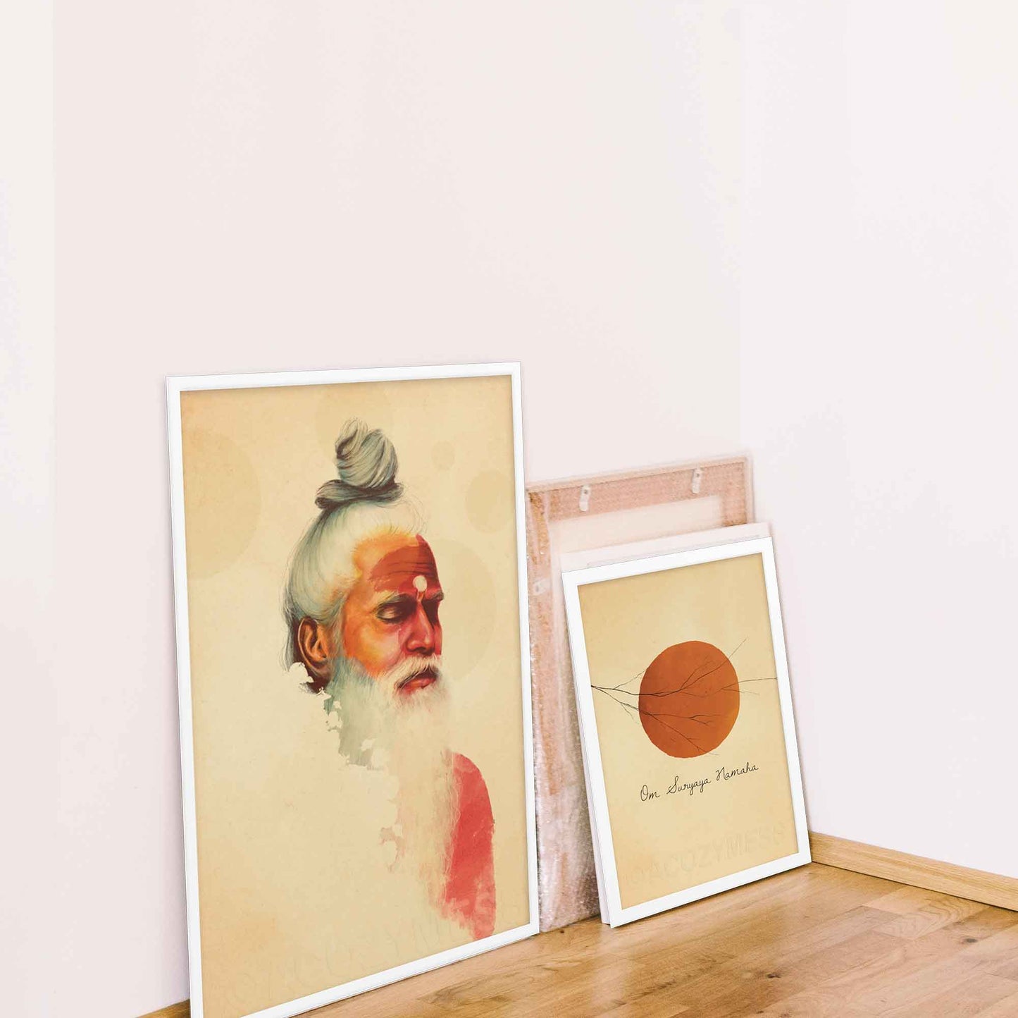 Art Posters in white frame for spiritual decor of an Indian holy man in meditation along with sun salutation mantra print.