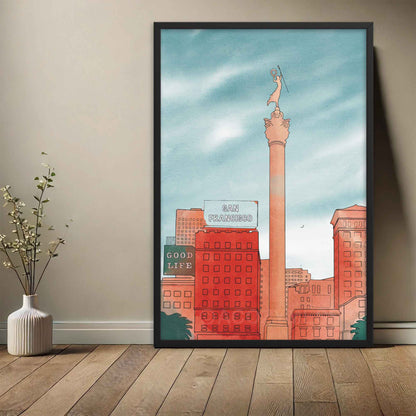 Union Square San Francisco art poster in vibrant colors, displayed in black frame.