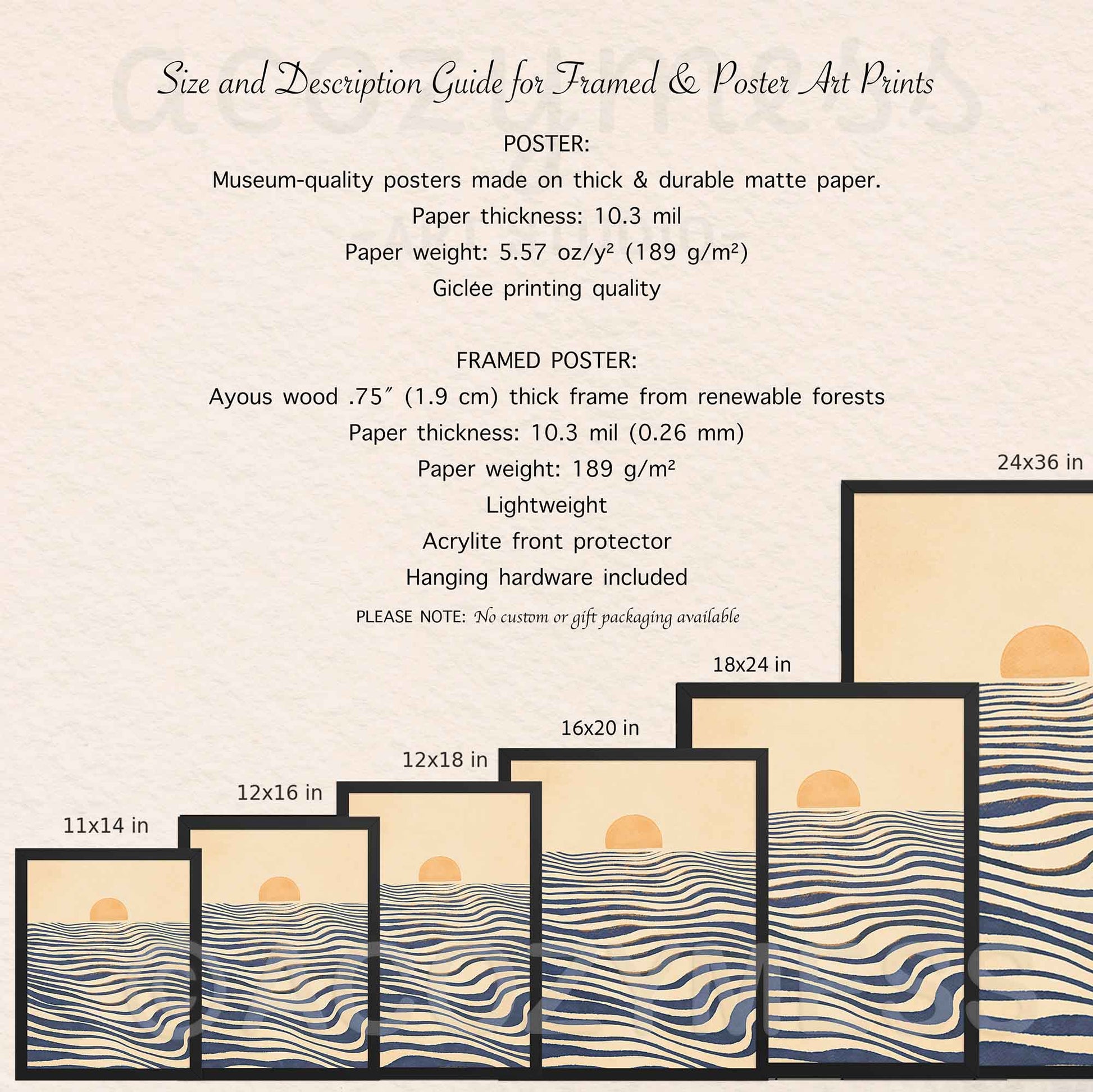Size and description guide for framed and poster art prints, showing a row of framed prints with different sizes and a simple sunset wave design on a light beige background.